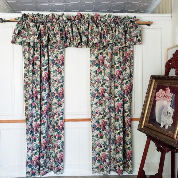Vintage Accents Laura Ashley Curtains 84 X 85 2 Panels 3 Valances Wide Rod Pocket Floral